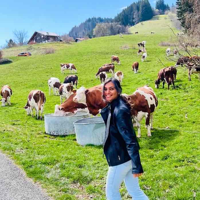 An India girl standing in black leather jacket and light blue plants in Swiss meadows with cows in the background